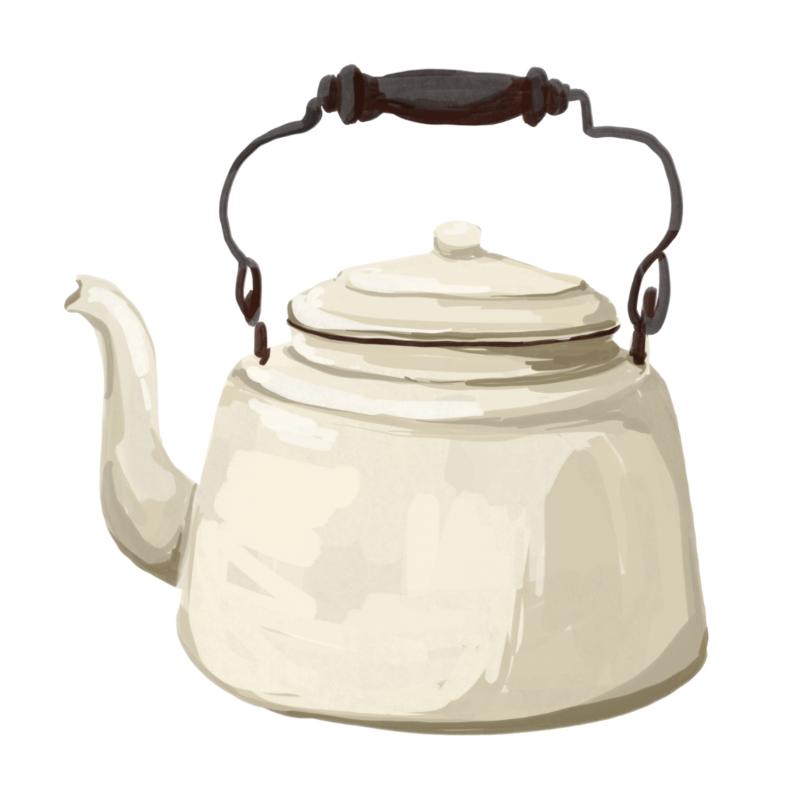 White ceramic teapot with a brown handle on a white background