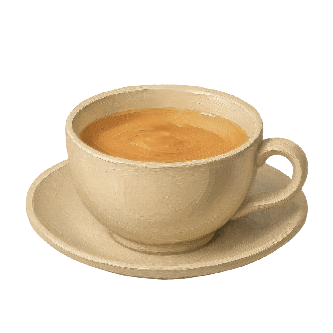 Beige ceramic cup and saucer with a serving of coffee on a white background